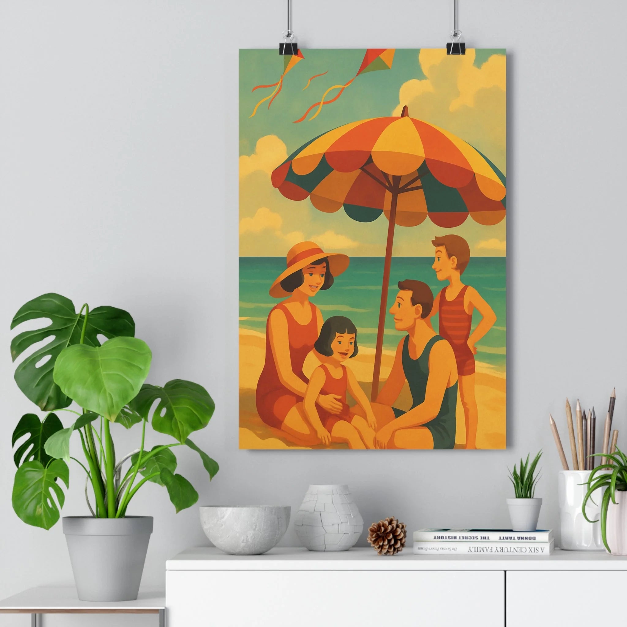 Poster décoratif vintage plage nostalgique jaune bleu orange salon chambre estival 30x46 ambiance rétro