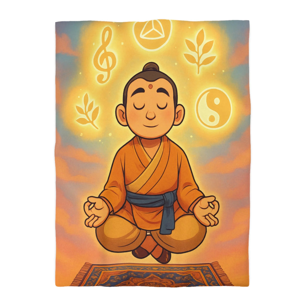 Housse de couette zen avec méditation, symboles spirituels, orange et bleu apaisant