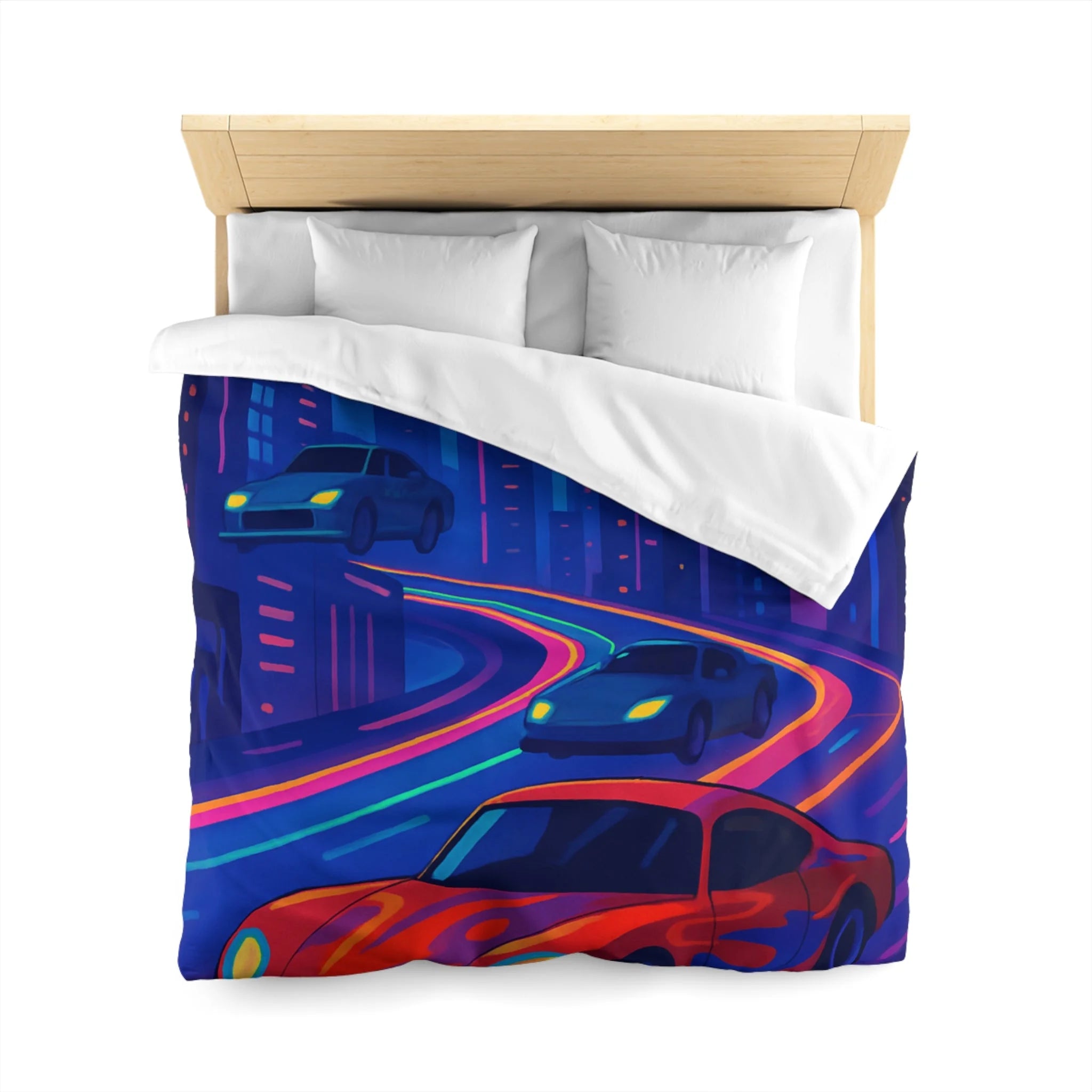 Housse de Couette Ville Futuriste avec Voiture Rouge et Lumières Néon