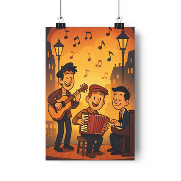 Poster rétro musique scène joyeuse accordéon guitare percussion marron rouge noir lanternes toits pentus coucher soleil notes flottantes cartoon expressions