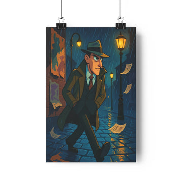 Poster homme sous pluie lanternes feuilles volantes rue pavée peintures abstraites bleu vert manteau chapeau mystère ville nuit élégance salon