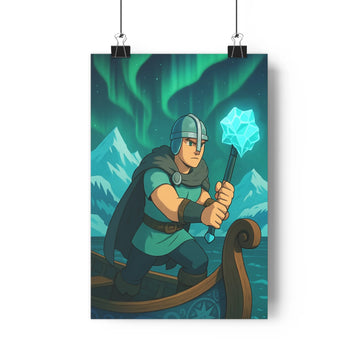 Poster viking armure bleue embarcation nuit étoilée aurores boréales montagnes enneigées grandeur mystère bleu vert noir cartoon aventure solitude magie