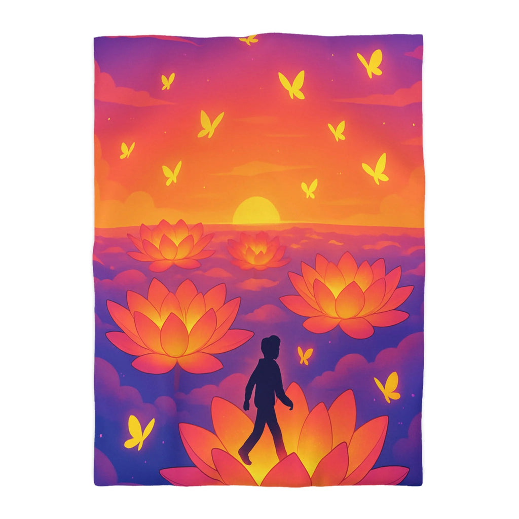 Housse de couette zen : Personne marchant sur fleur de lotus au coucher de soleil