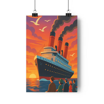 Poster vintage paquebot mer orangée cheminées fumantes ciel rose oiseaux jetée personnages vêtements marron vert bleu plante verte nuages détails