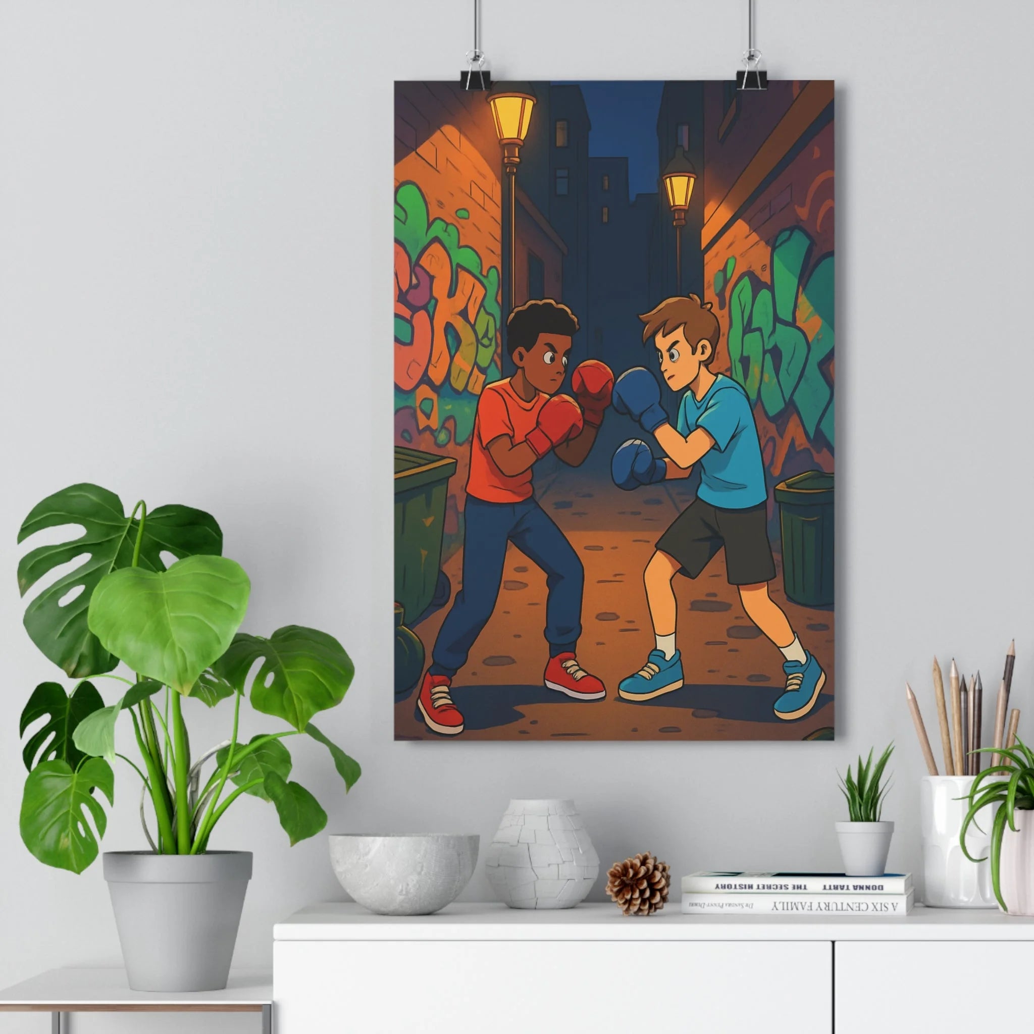 Poster décoratif urbain boxe dynamique couleurs terreuses vives chambre enfant graffiti moderne 30x46 ambiance