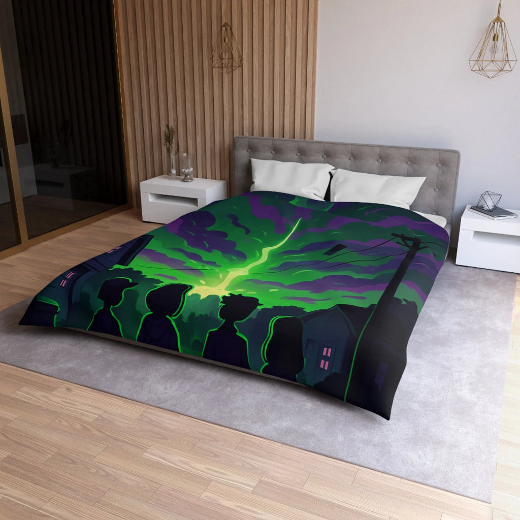 Housse de couette pour chambre avec ciel nocturne mystérieux et silhouettes d'enfants