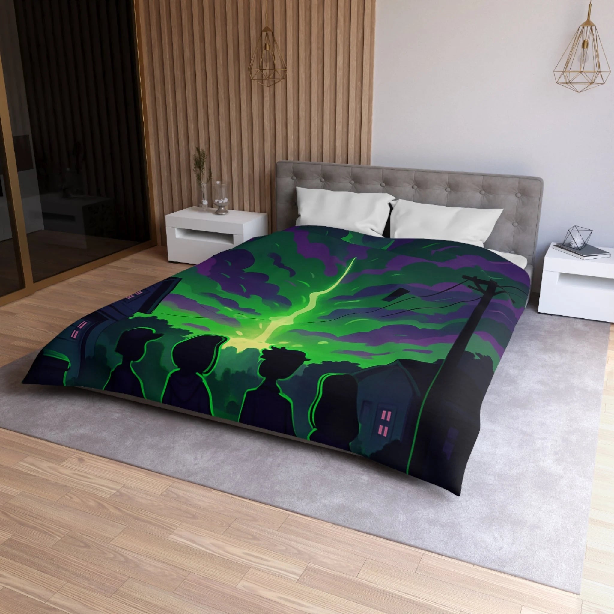 Housse de couette pour chambre avec ciel nocturne mystérieux et silhouettes d'enfants
