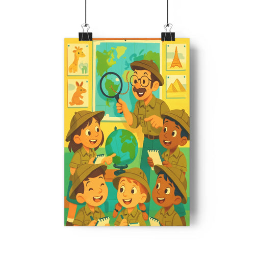 Poster enfants curieux enseignant carte monde animaux monuments célèbres style cartoon couleurs vert bleu jaune ambiance éducative pièce décoration