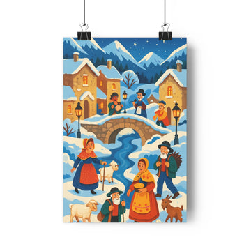 Poster hiver village personnages costumes traditionnels neige toits pentus arbres nus rivière gelée lumières chaudes bleu ciel rouge beige ambiance