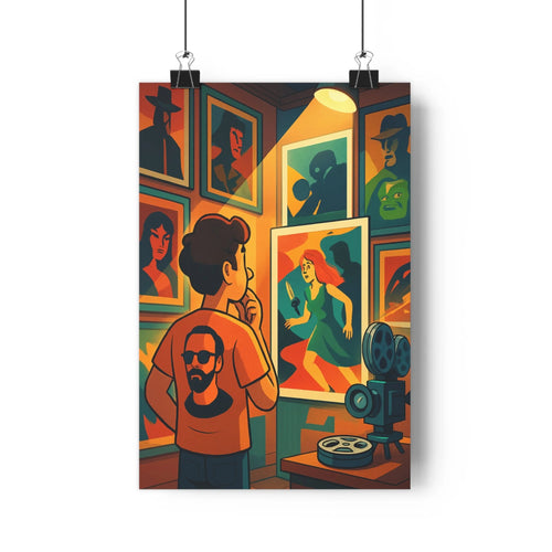 Poster homme barbe lunettes solaires tshirt orange portraits mur lampe meuble blanc objets vase livre pine concentration modernité graphisme coloré