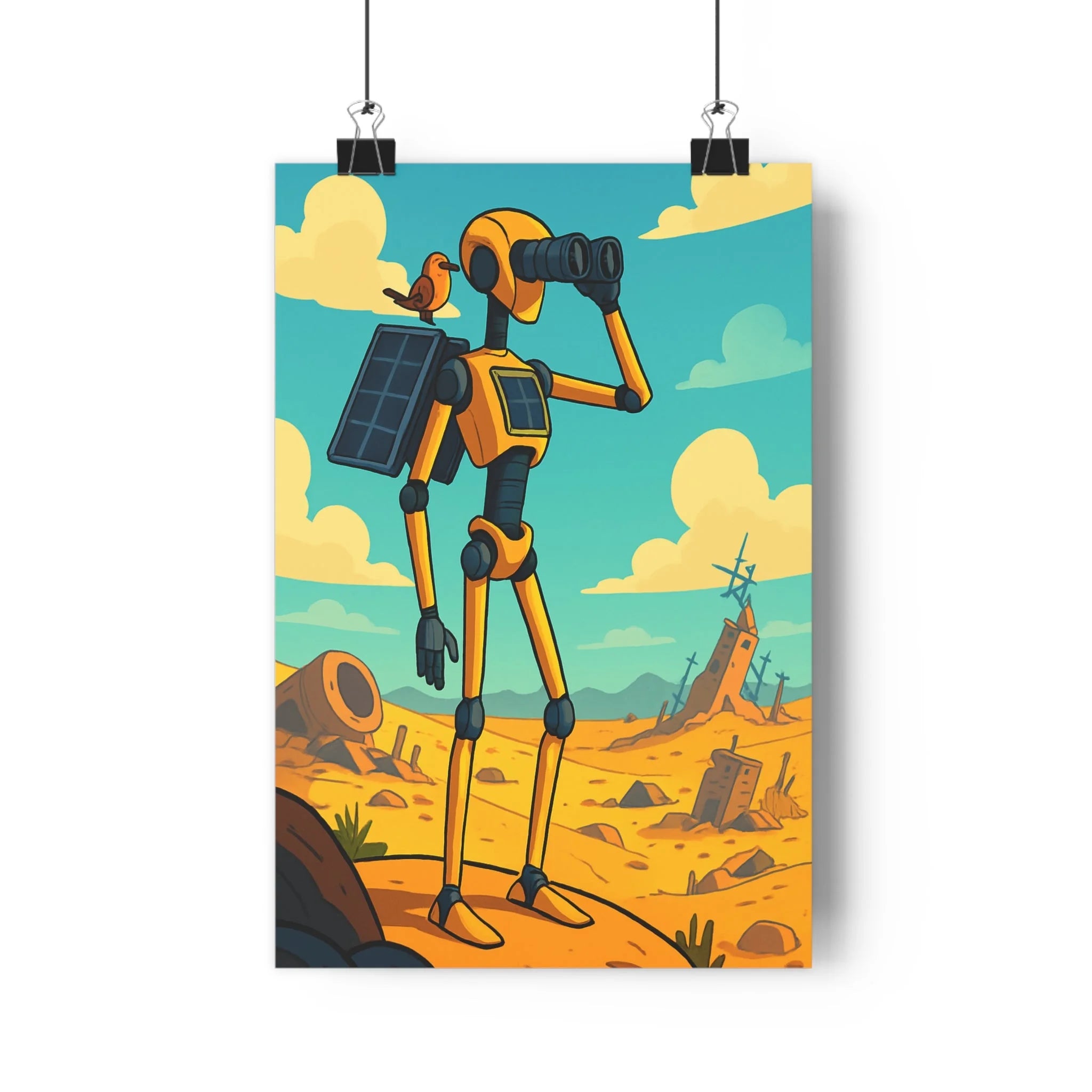 Poster décoratif robot aventure jaune orange désertique vintage chambre salon bureau lumineux tendance qualité