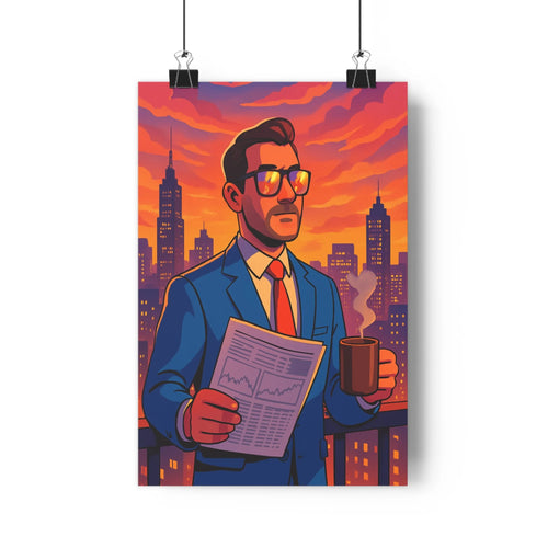 Poster homme costume bleu café document lunettes miroir ciel rouge rose gratte-ciels urbains plante verte étagère blanche ambiance professionnelle contemporaine