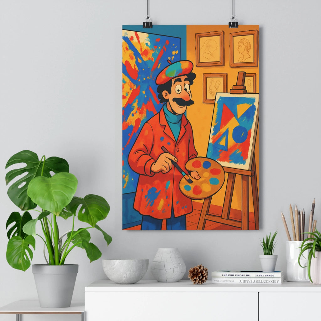 Poster décoratif cartoon impressionniste bleu rouge jaune peintre moustachu salon chambre créatif artistique ambiance
