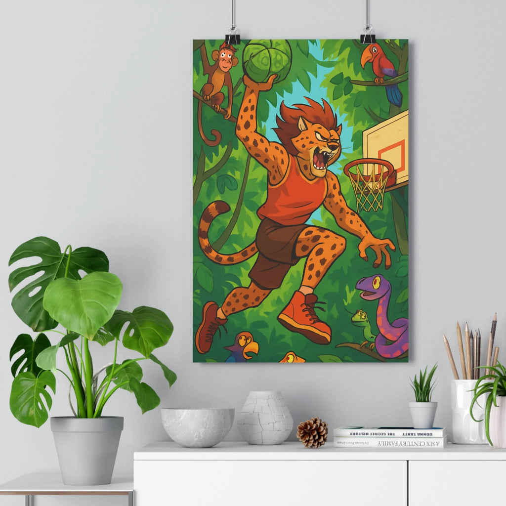 Poster décoratif cartoon guépard basket jungle animaux vert dynamiques amusant chambre enfant vibrant cool