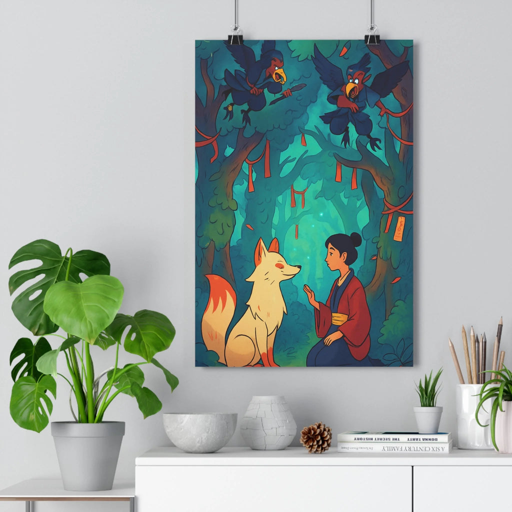 Poster décoratif cartoon mystique nature forêt japonaise renard kimono créatures paisible chambre salon 30x46