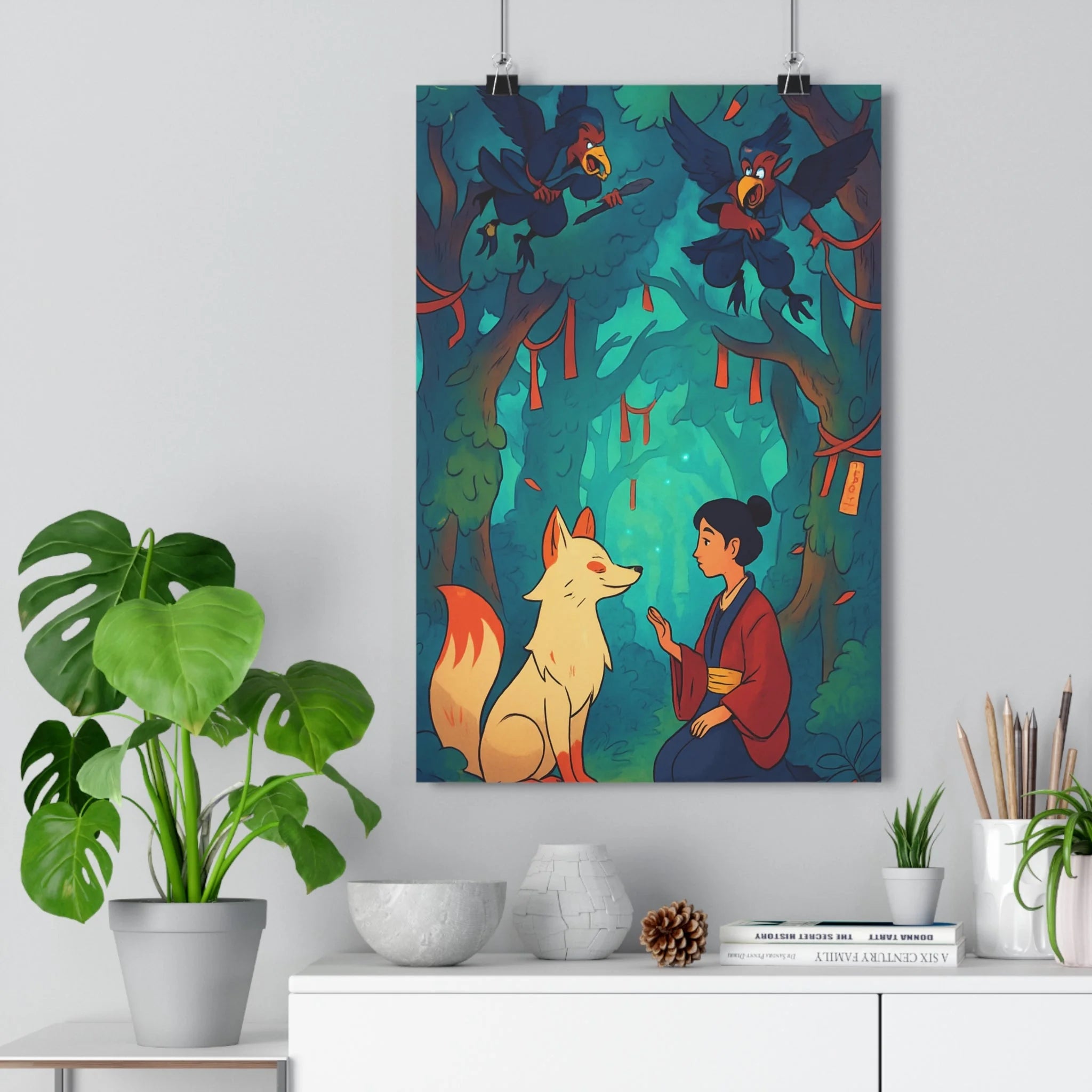 Poster décoratif cartoon mystique nature forêt japonaise renard kimono créatures paisible chambre salon 30x46