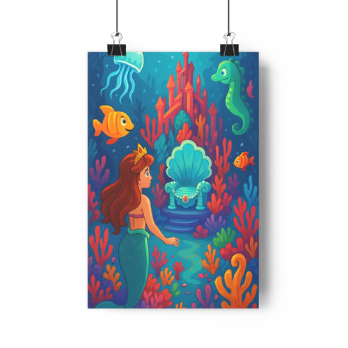 Poster sirène couronne trône coquillage coraux poissons hippocampe méduse océan bleu vert ambiance fantastique cartoon chambre enfant