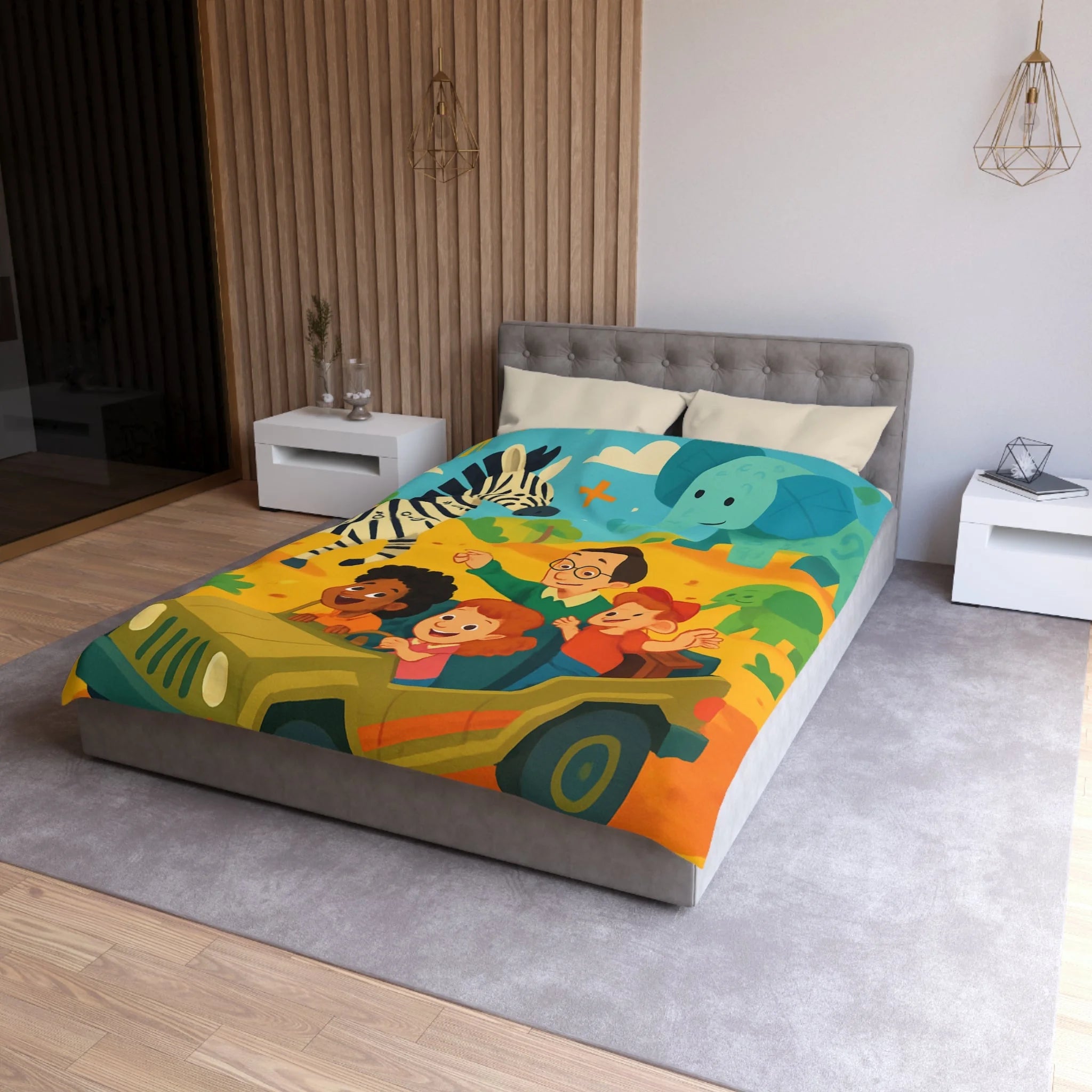 Housse de Couette Safari Éducatif avec Animaux Colorés et Enfants en Aventure