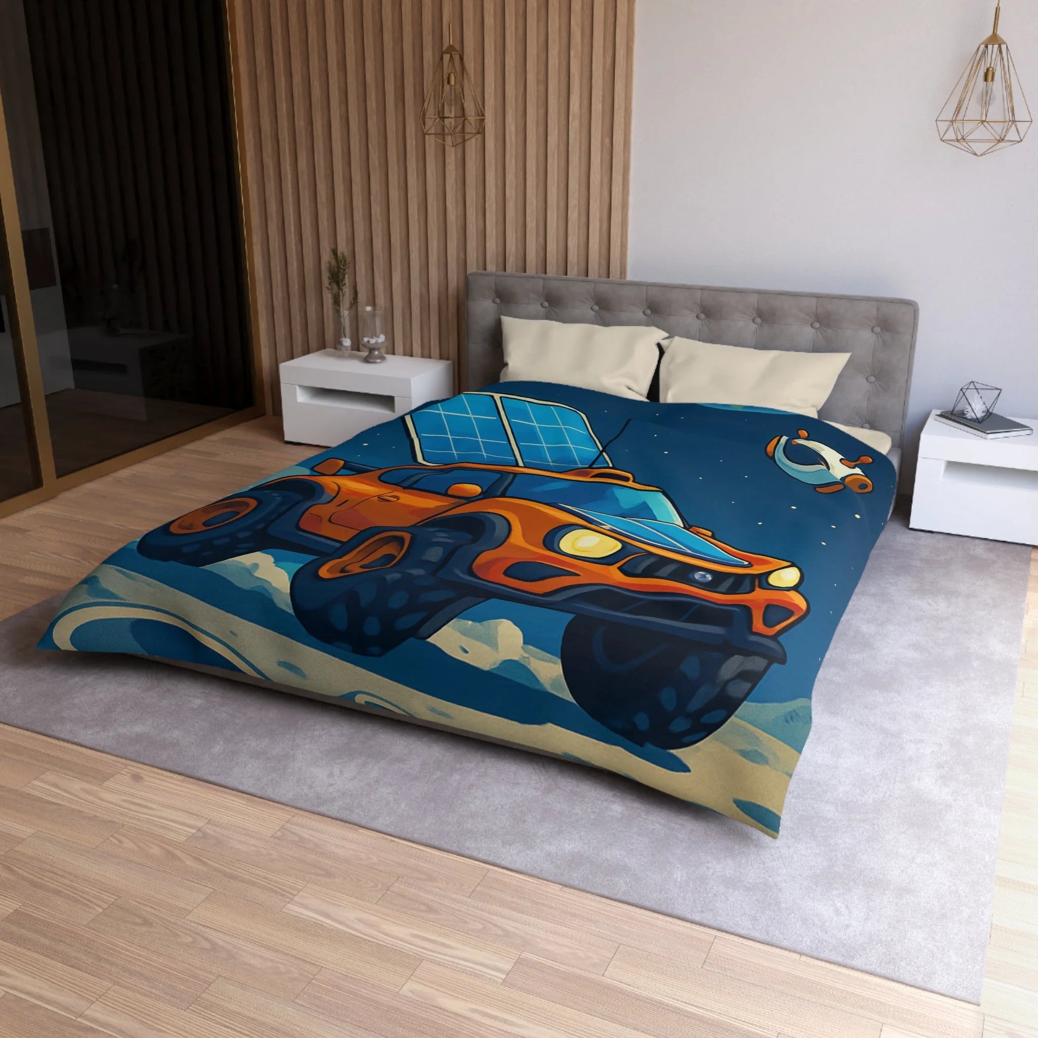 Housse de couette spatiale avec voiture orange et robots sur fond lunaire captivant