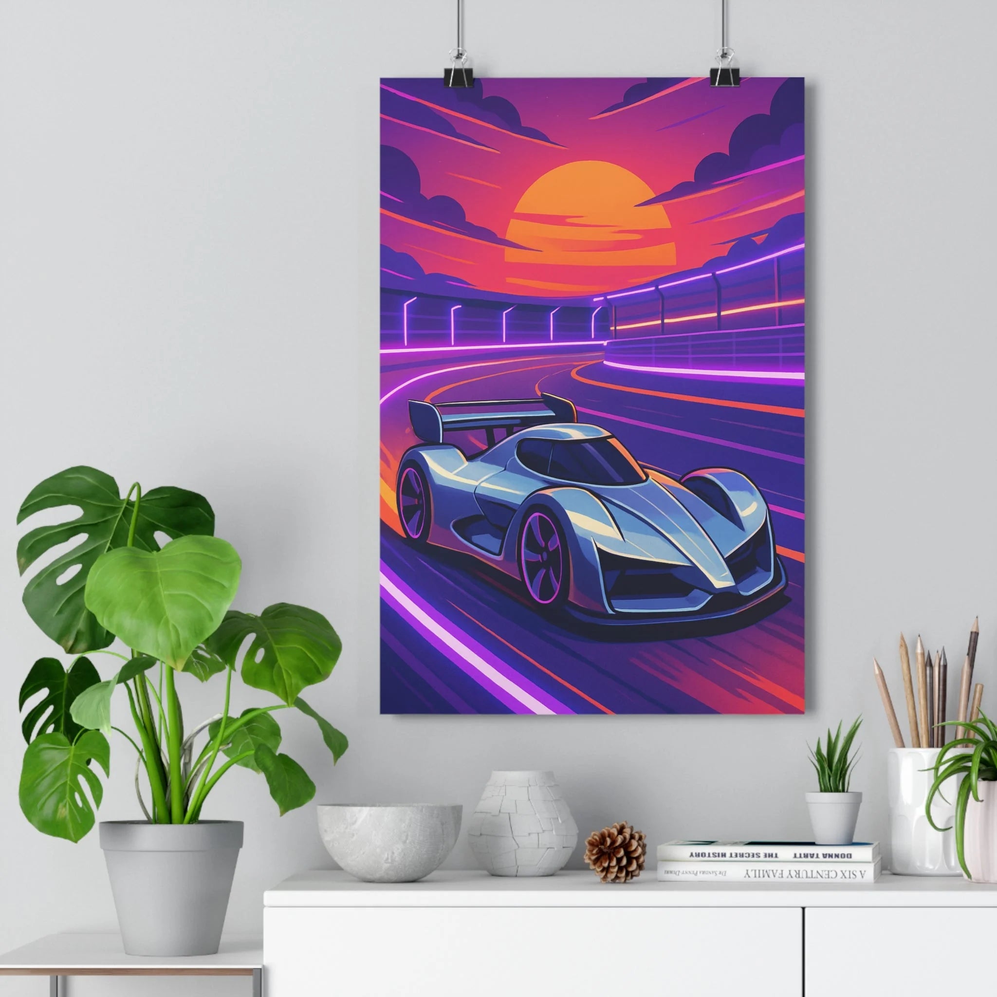 Poster décoratif voiture sport futuriste argenté néon violet rose moderne dynamique chambre salon bureau