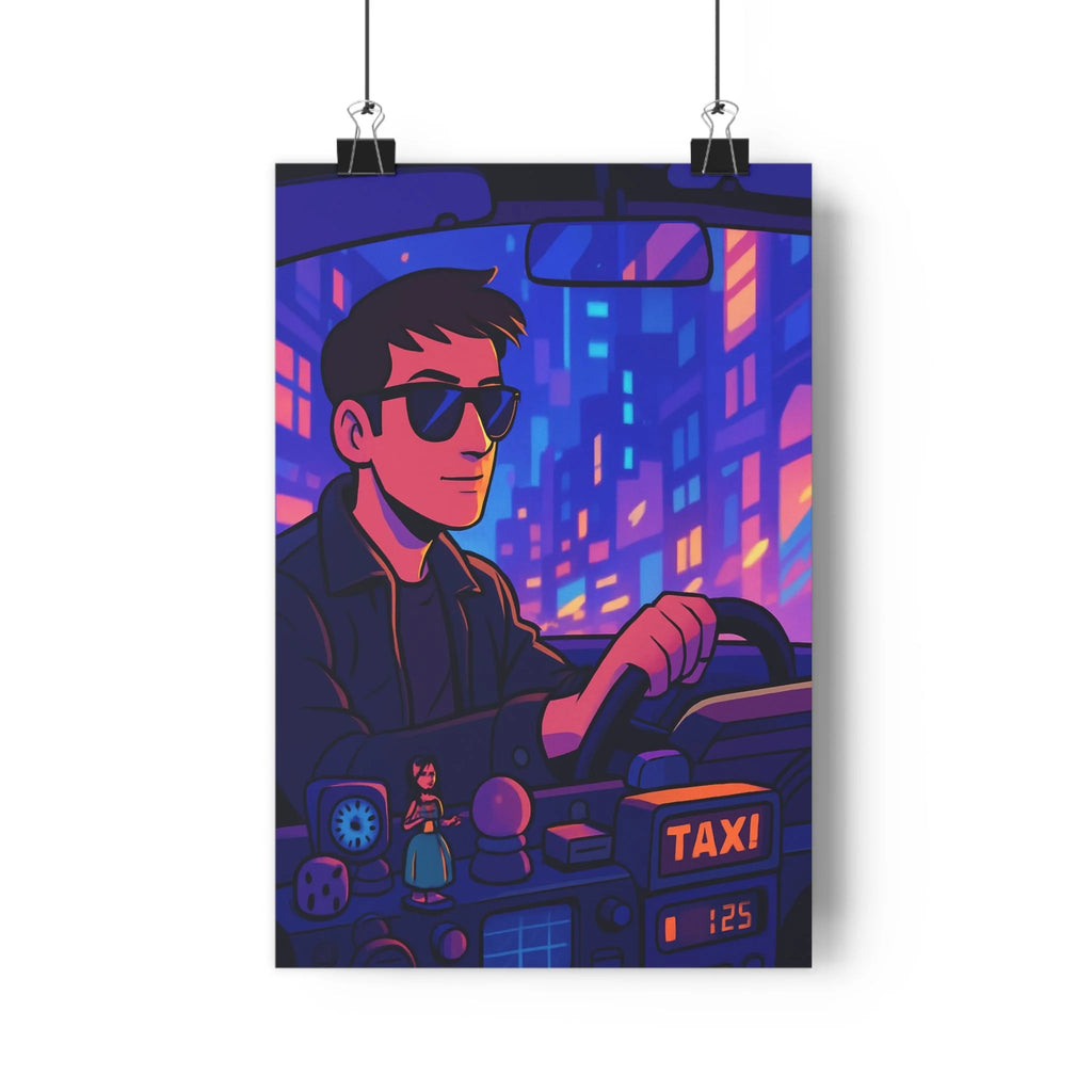 Poster décoratif rétrofuturiste bleu violet orange salon chambre cartoon mystique vibrant unique coloré taxi