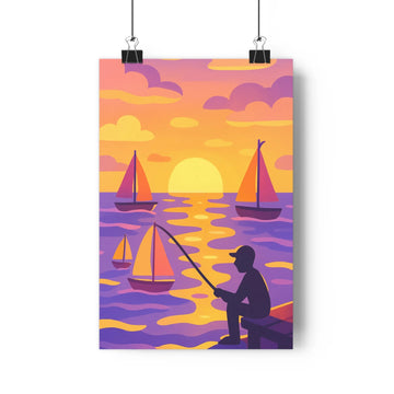 Poster marin coucher soleil pêcheur canne voiliers vagues couleurs vives nuages stylisés rose violet ambiance paisible salon chambre bureau