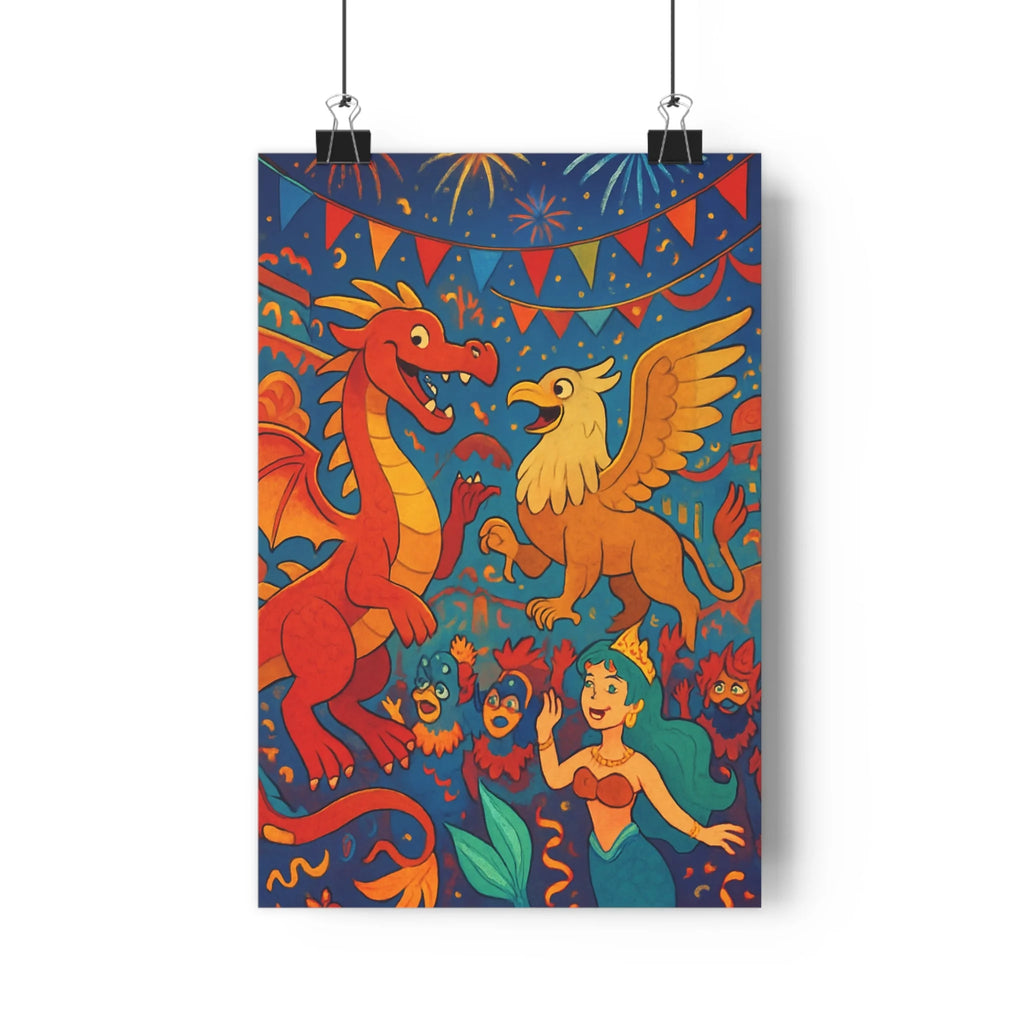 Poster décoratif créatures mythiques rouge doré cartoon joyeux chambre enfant fantastique couleurs vives art