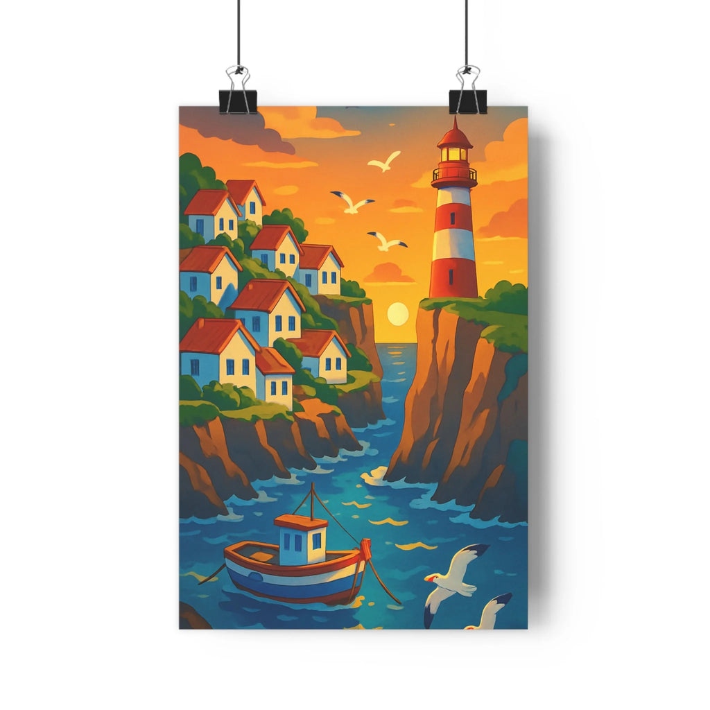 Poster décoratif coloré scène côtière paisible village maisons blanches salon moderne mer coucher soleil