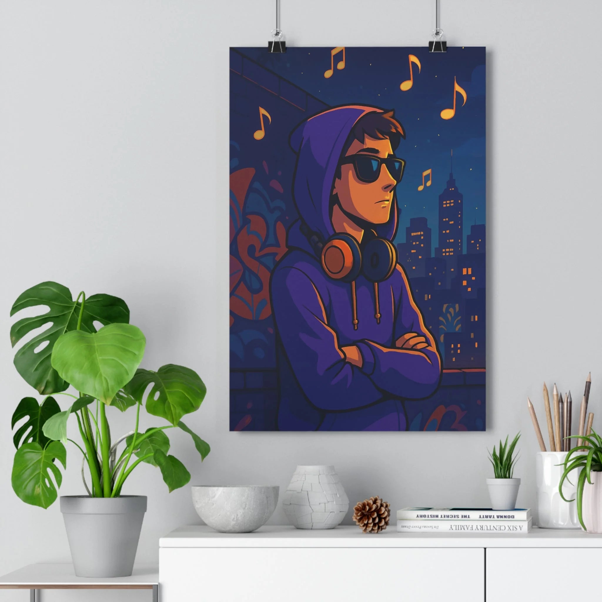 Poster décoratif urbain mystérieux violet bleu cartoon moderne chambre salon musique ville éclairée qualité