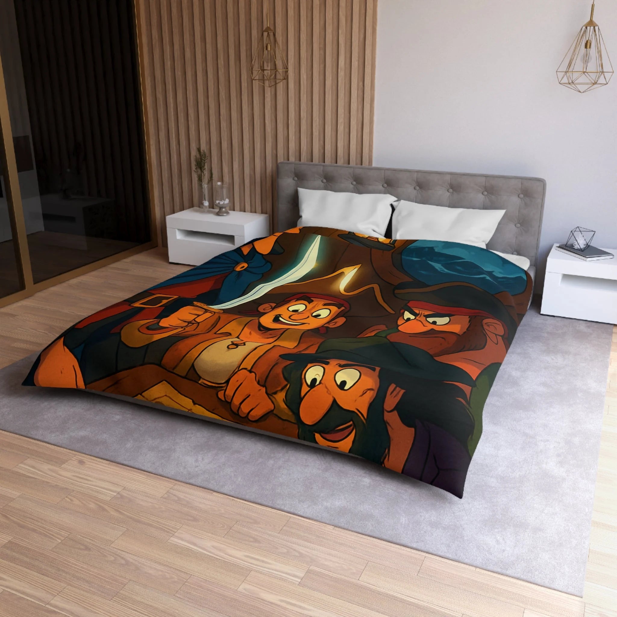 Housse de Couette Pirate Cartoon avec Carte Trésor et Équipage Sous Lampe