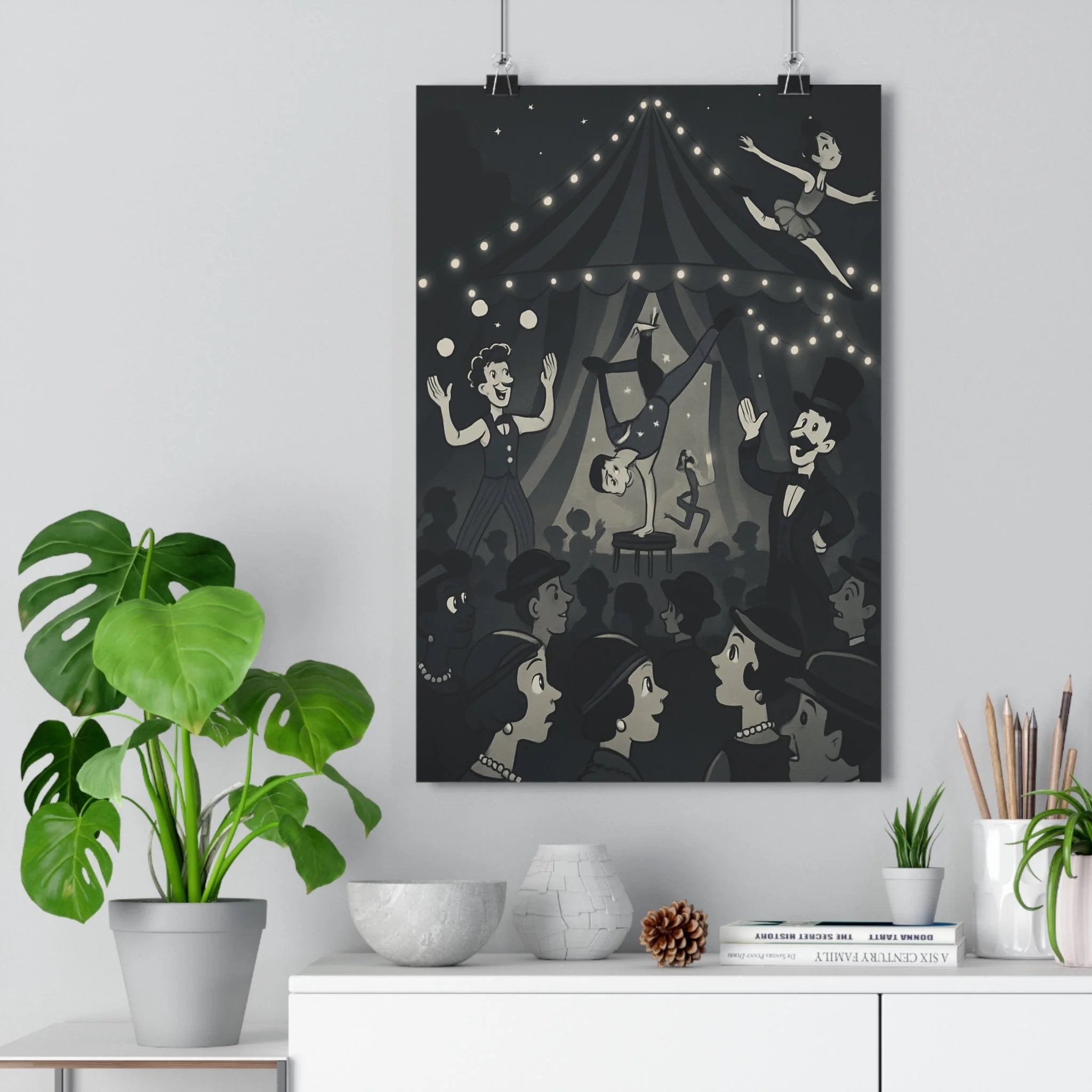 Poster décoratif vintage noir blanc cirque surréaliste nostalgique salon chambre bureau artistique ambiance captivante