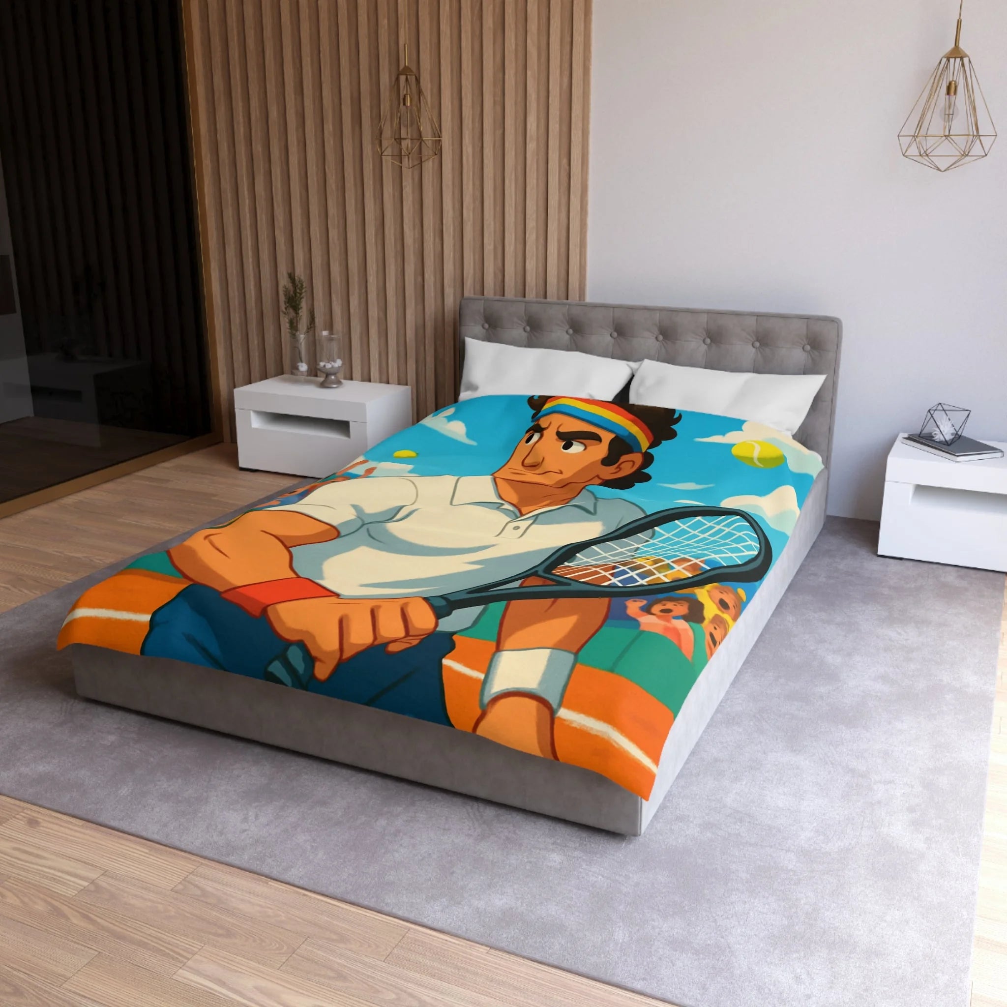 Housse de couette vibrante avec joueur de tennis vintage, bandeau et balles jaunes