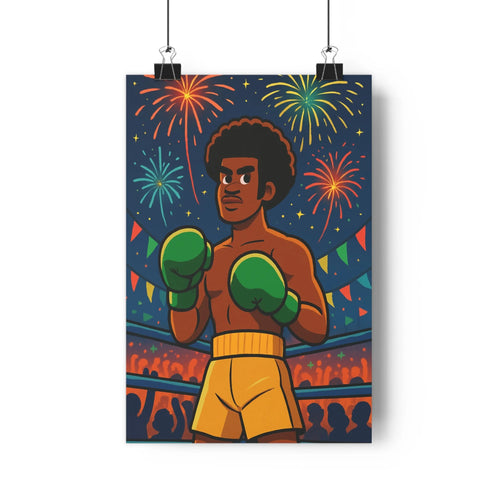 Poster boxeur combat gants verts short marron fond bleu nuit feux dartifice guirlandes festives silhouettes publiques ambiance festive intense style