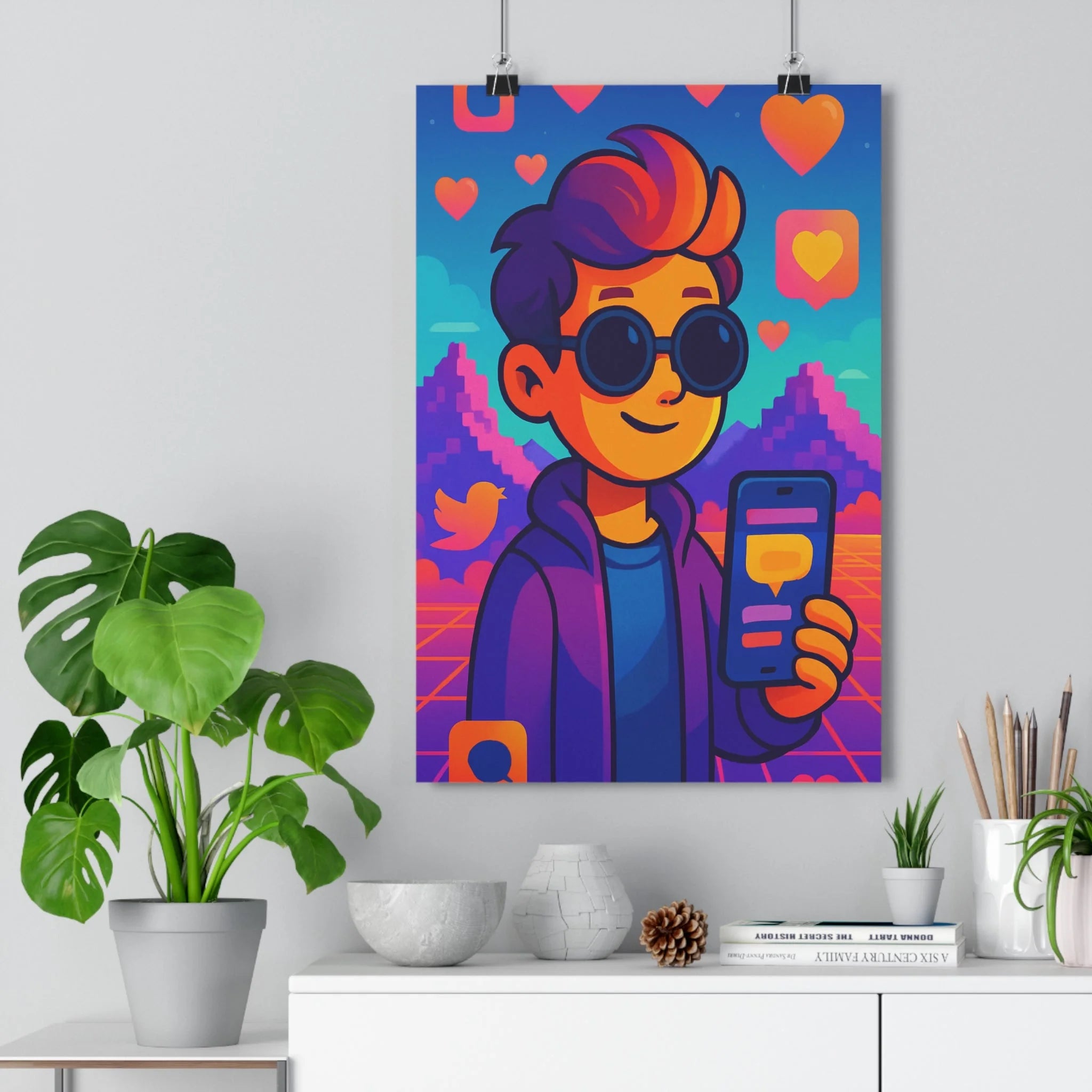 Poster décoratif moderne cartoon néon pastel personnage pixelisé smartphone réseaux sociaux chambre salon 30