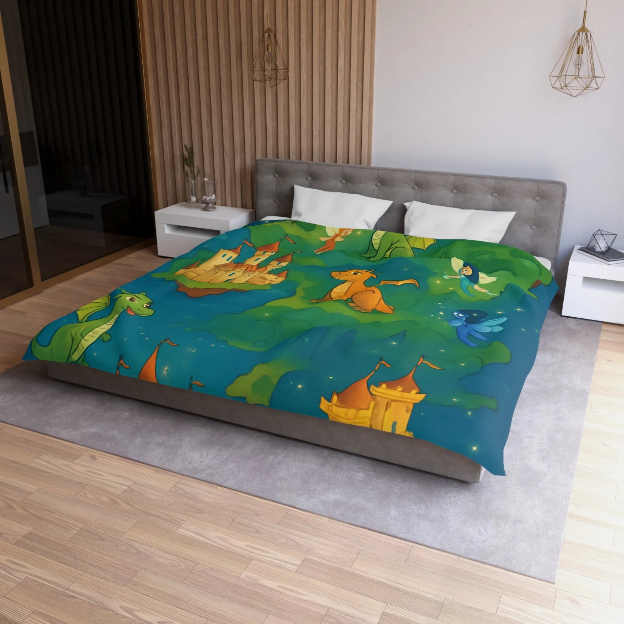 Housse de couette thématique féerique avec dragons, châteaux et un sorcier rêveur