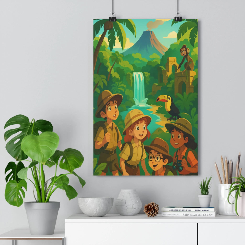 Poster décoratif aventure tropicale coloré cartoon joyeux chambre enfant exotique nature explorateur cascade qualité
