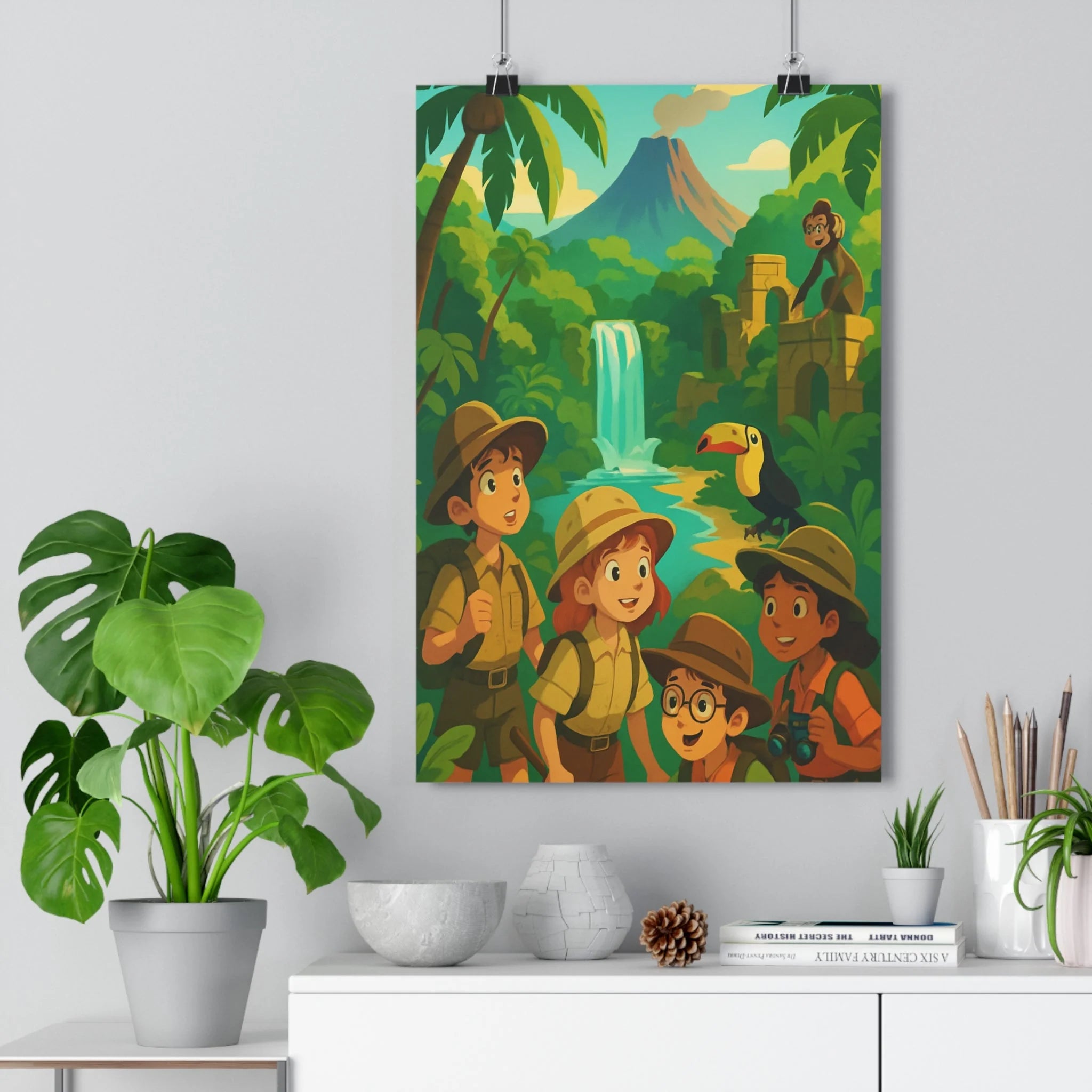 Poster décoratif aventure tropicale coloré cartoon joyeux chambre enfant exotique nature explorateur cascade qualité