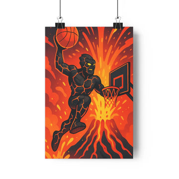 Poster sportif saut panier basketball contours roche pierre flammes lave rouge orange intense moderne dynamique contrastes forts énergie détermination chambre