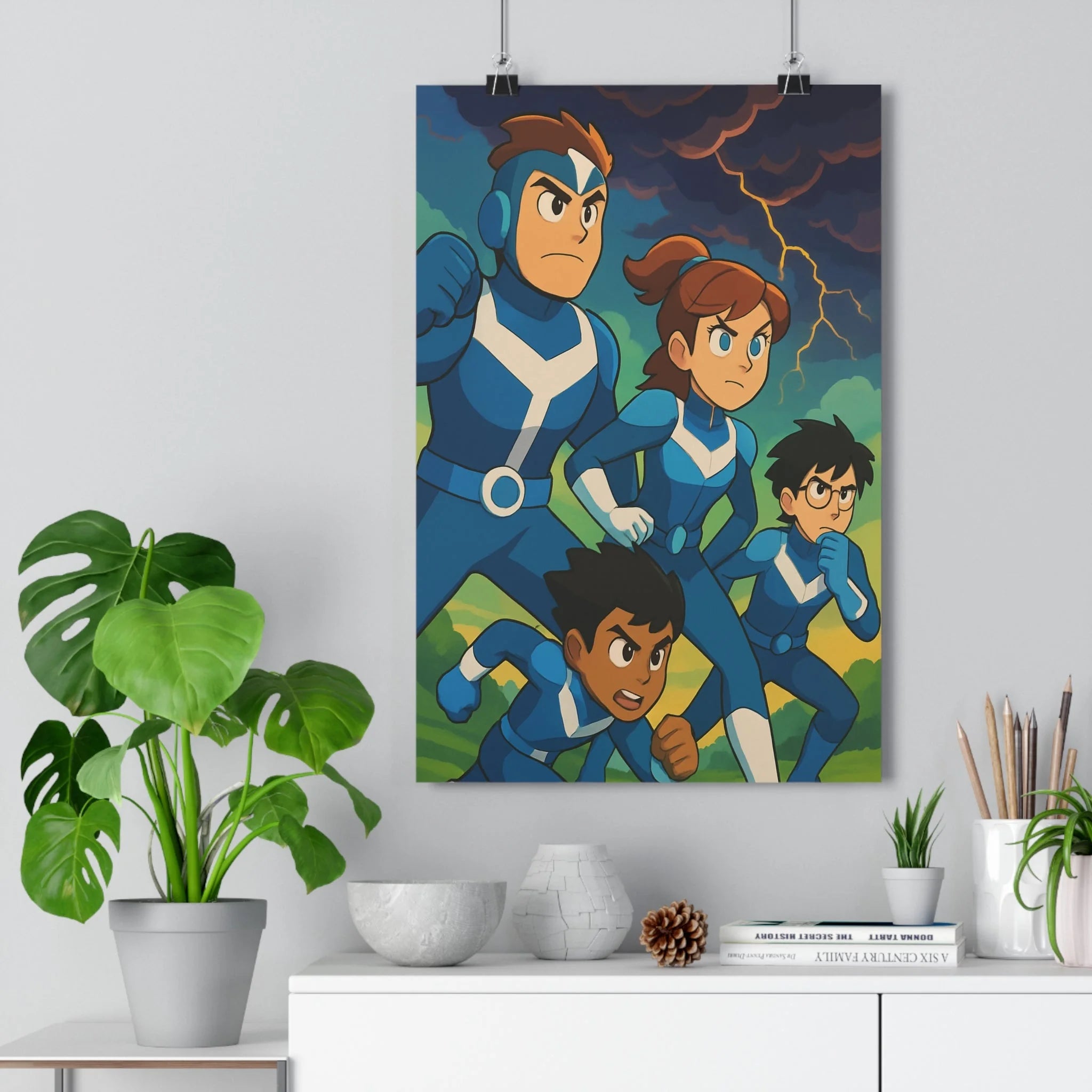 Poster décoratif action dessin animé bleu jaune dynamique chambre jeu intense captivant aventure orageux