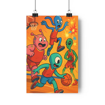 Poster basket orange personnages cartoon joyeux antennes tentacules expression amusée décor simple couleur vive énergie sportive chambre enfants