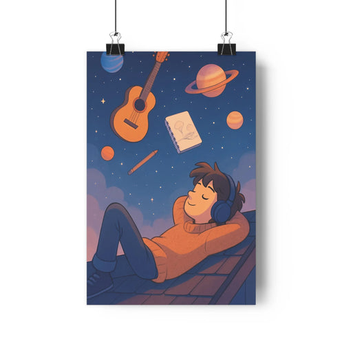 Poster allongé sur terrasse souriant pull orange écouteurs guitare acoustique planètes ciel nocturne plantes verte étagère blanche ambiance paisible créative