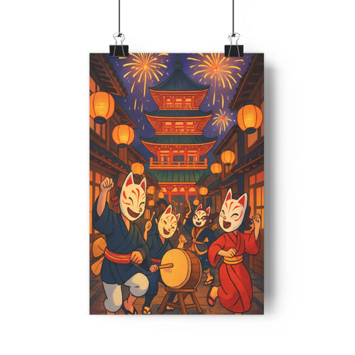 Poster festif japonais masques renards tambours lanternes temple artifices couleurs vives ambiance joyeuse style cartoonintérieur chambre salon