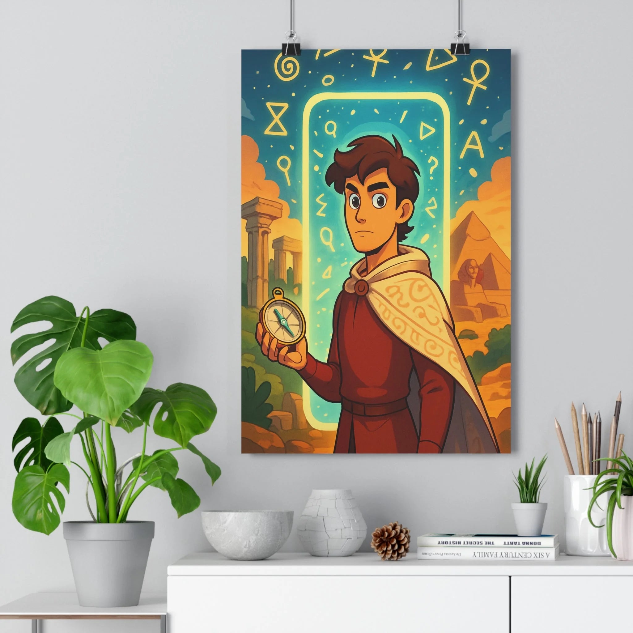 Poster décoratif aventure mystère bleu blanc or chambre moderne lumineux personnage cape boussole art