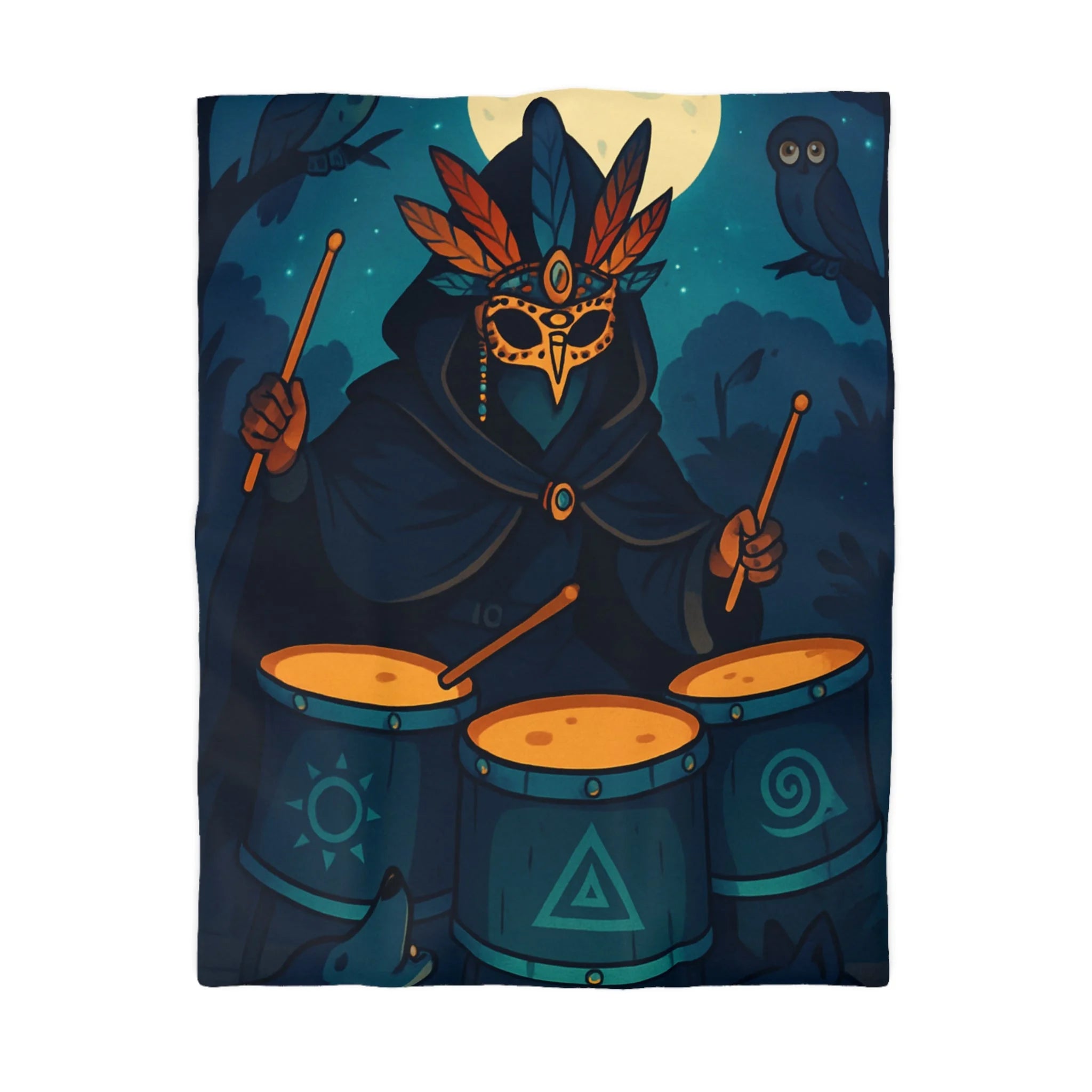 Mystérieux Chaman Jouant des Tambours Sous une Lune Éclairée dans la Forêt