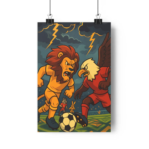 Poster lion aigle football compétition sombre jaune rouge vert intense dynamique cartoon chambre salon