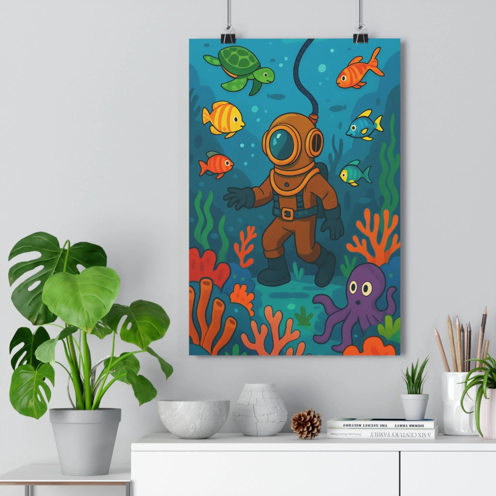 Poster décoratif rétro sousmarin bleu orange vert aventure dessin animé vintage chambre enfant 30x46