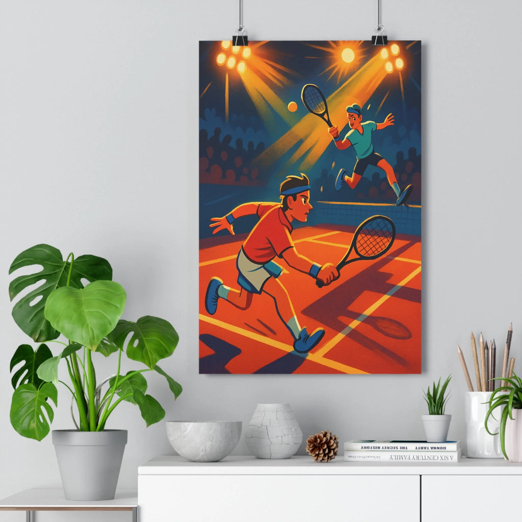 Poster décoratif vibrant cartoon orange bleu tennis dynamique salon enfant ludique sport compétitif ambiance
