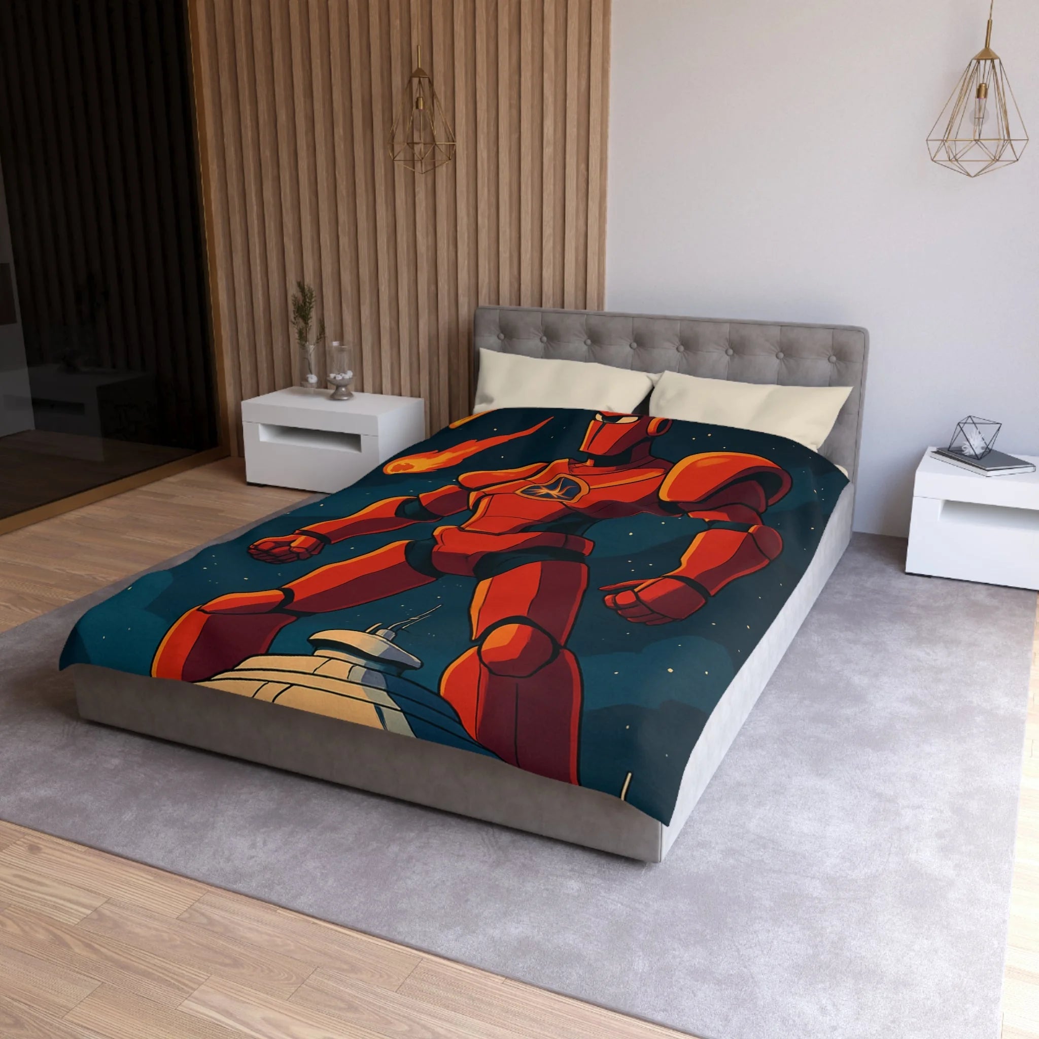 Housse de couette robot géant rouge séduisant avec météores dans l'espace étoilé