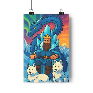 Poster royal dragons chiens montagnes bleu vert rose violet fantastique pouvoir magie résilience salon chambre vibrant détaillé