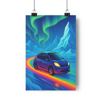 Poster voiture bleue mouvement aurore boréale nuages verts montagne enneigée lumière rouge orange jaune ambiance fantastique moderne vibrant intérieur galerie
